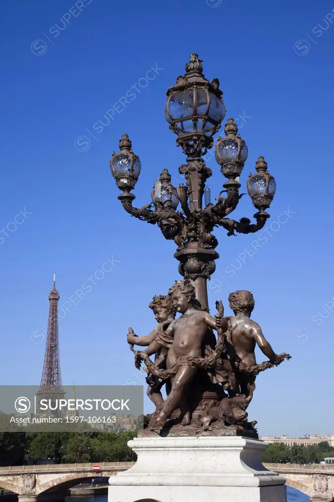 Europe, France, Paris, Eiffel Tower, Tour Eiffel, Eiffel, Tower, Landmark, Pont Alexandre III Bridge, Bridge, Bridges, Lamp, Tourism, Travel, Holiday,...