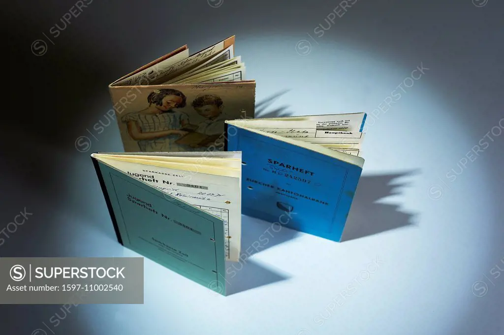 Savings book; deposit book; money; bank; savings, ; deposit notebook, saving, finances, historically, Switzerland, Zurich cantonal bank, ZKB,