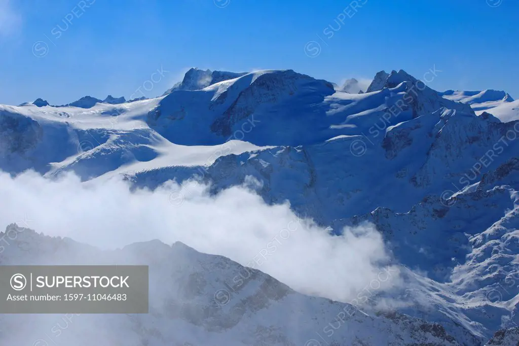 Alps, view, Titlis, mountain, mountain panorama, mountains, Bernese Alps, mountains, Gwächtenhorn, sky, massif, fog patches, panorama, snow, Switzerla...