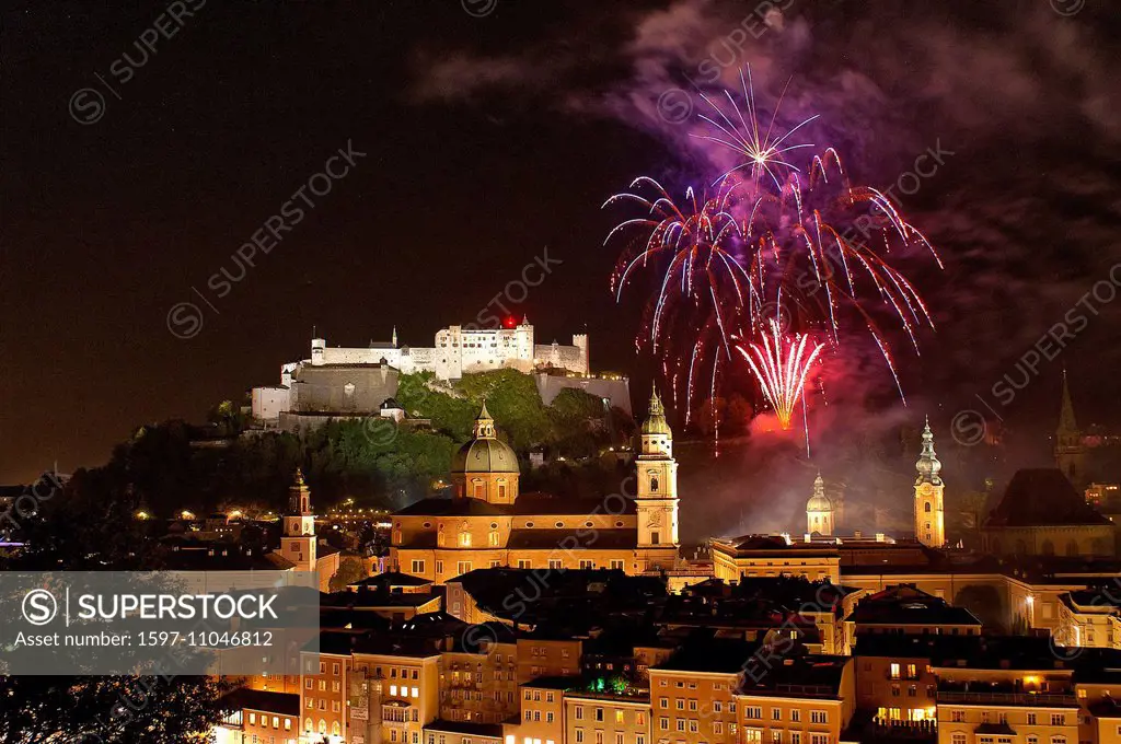 Austria, Salzburg, fortress, fortress Hohensalzburg, castle, church, culture, cathedral, dome, Peter, Franciscan, church, town, city, panorama, night,...