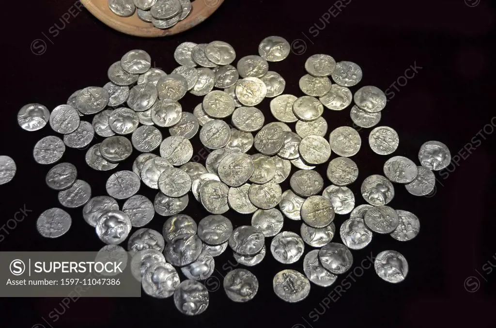 treasure, horde, coins, wealth, money, pile of money, wealthy, rich, silver, gold, Greece, Europe, ancient Greece, fortune, richness, riches, power, a...