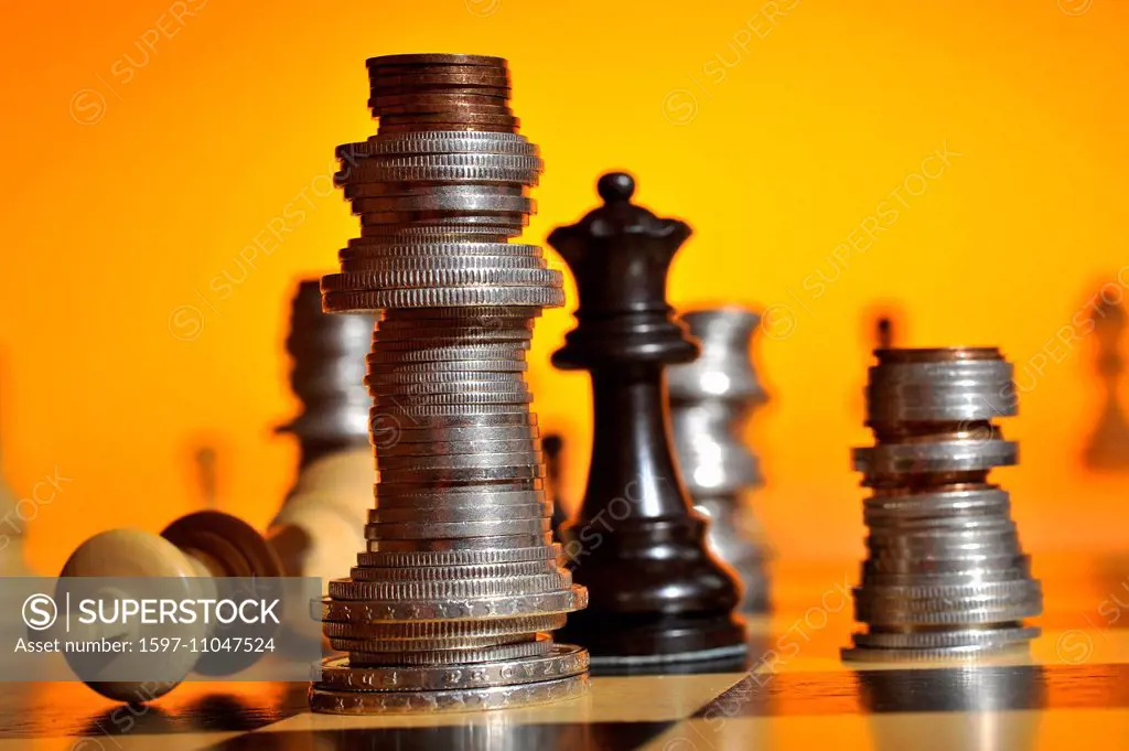 Chess, Check, chess pieces, play, game, strategy, money, coins, Swiss francs, finance place, finances, economy, economics,