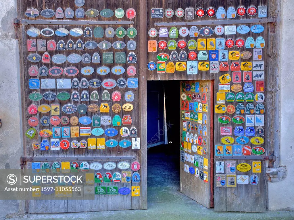 Switzerland, Europe, canton Schaffhausen, openly, horse stable, horse breeding, colorfully, badges, prices, door