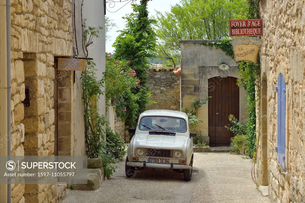 Europe, France, Provence, Vaucluse, Venasque, street, village, stone, buildings, street, town, car, Renault, french