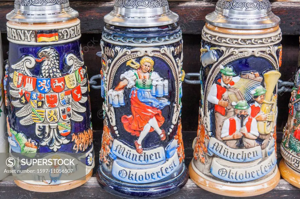 Germany, Bavaria, Munich, Souvenir Shop Window Display of Beer Steins