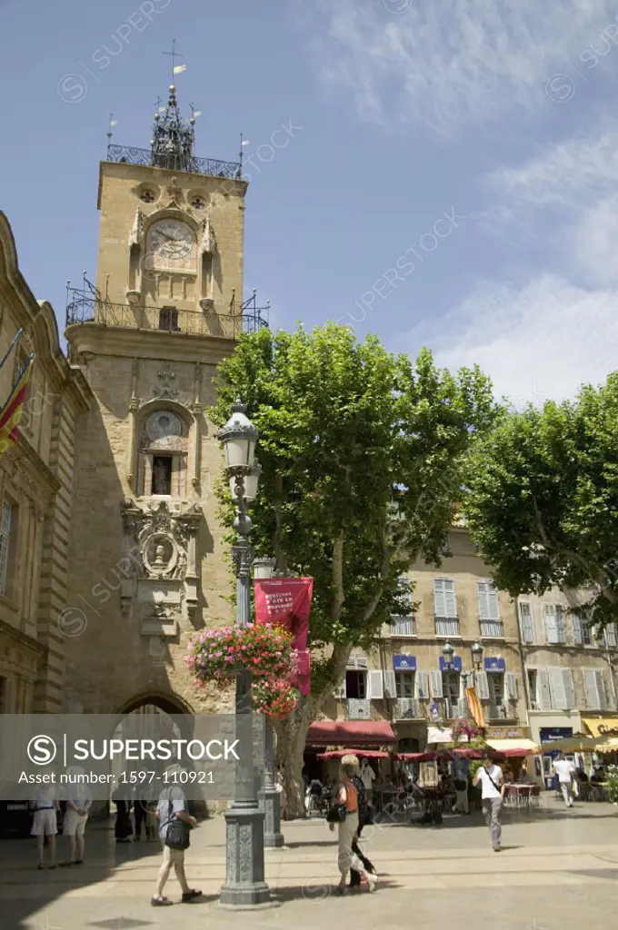 Aix en Provence, Bouches du Rhone, Fontes, France, Europe, Tour de l´Horloge, Place de l´Hotel de Ville, old town, P