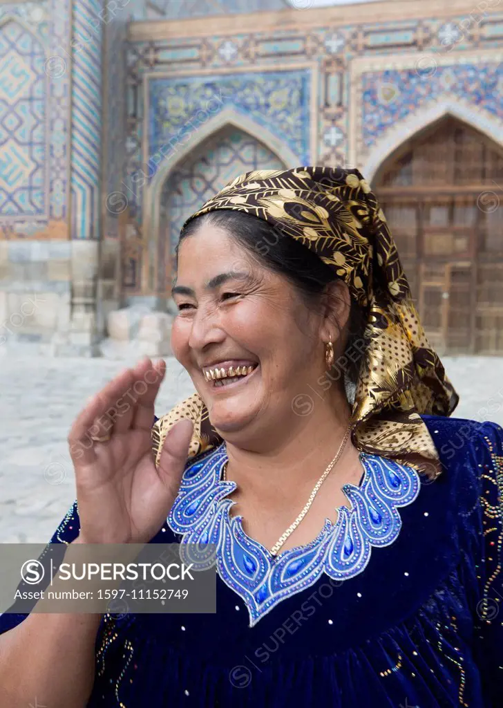 Samarkand, City, Uzbekistan, Central Asia, Asia, gold, happy, natural, smile, teeth, traditional, woman