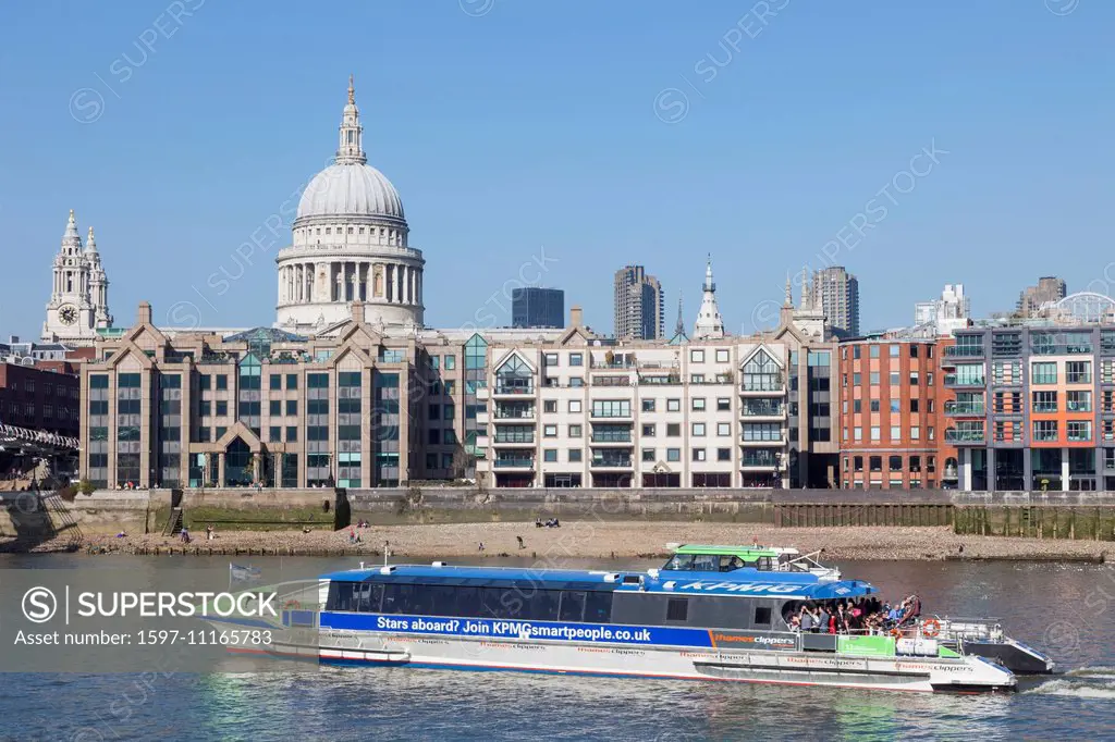 England, Europe, London, Thames Clipper Boat and St Paul's Cathedral