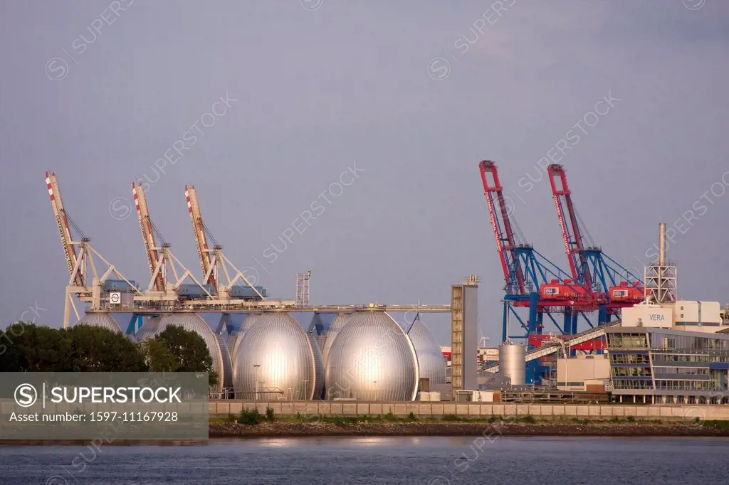 FRG, federal republic, German, Germany, outside, Elbe, European, Europe, digester, digestion tanks, body of water, harbours, ports, harbour, port, Ham...