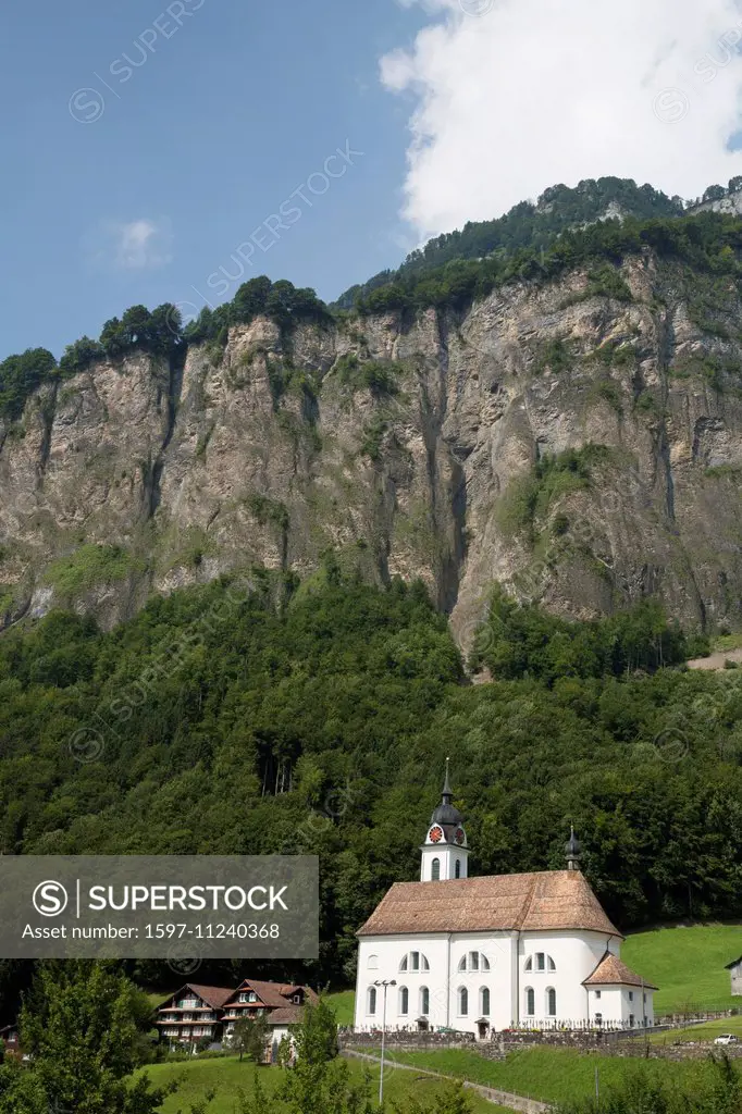 Muotatal, church, rock, cliff, Muotathal SZ, canton, SZ, Schwyz, Switzerland, Europe,