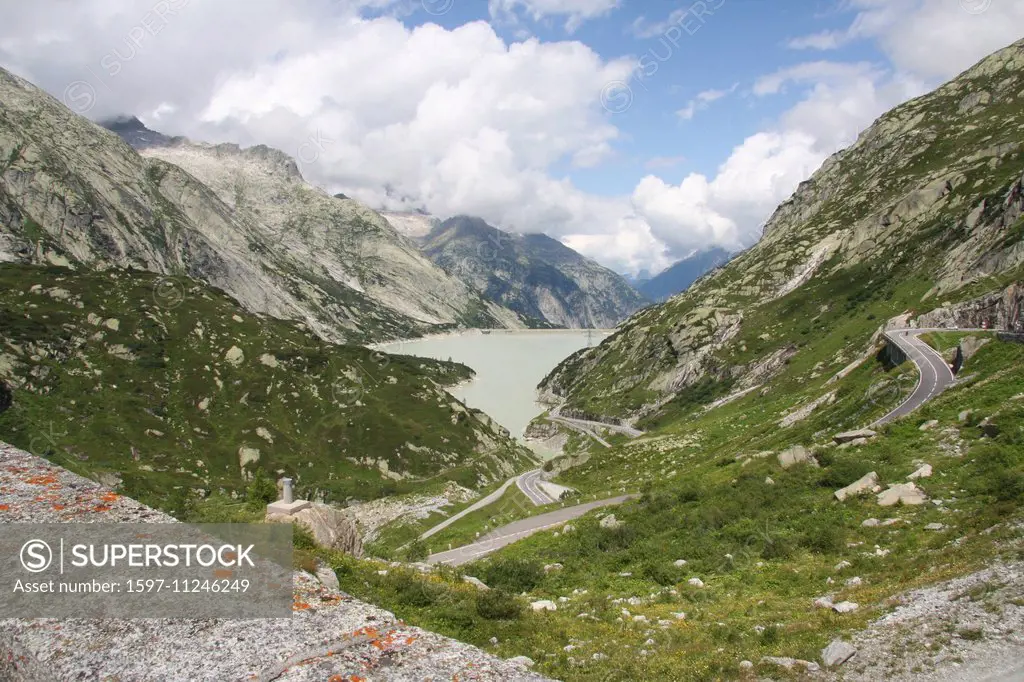Switzerland, Europe, Bernese Oberland, Grimsel Pass, Grimsel, reservoir, lake, dam, dam wall, Räterichsbodensee, mountain pass