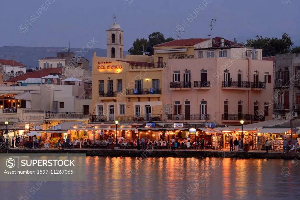 Europe, Greece, Greek, Crete, Mediterranean, island, Chania, harbour, night, tourists,