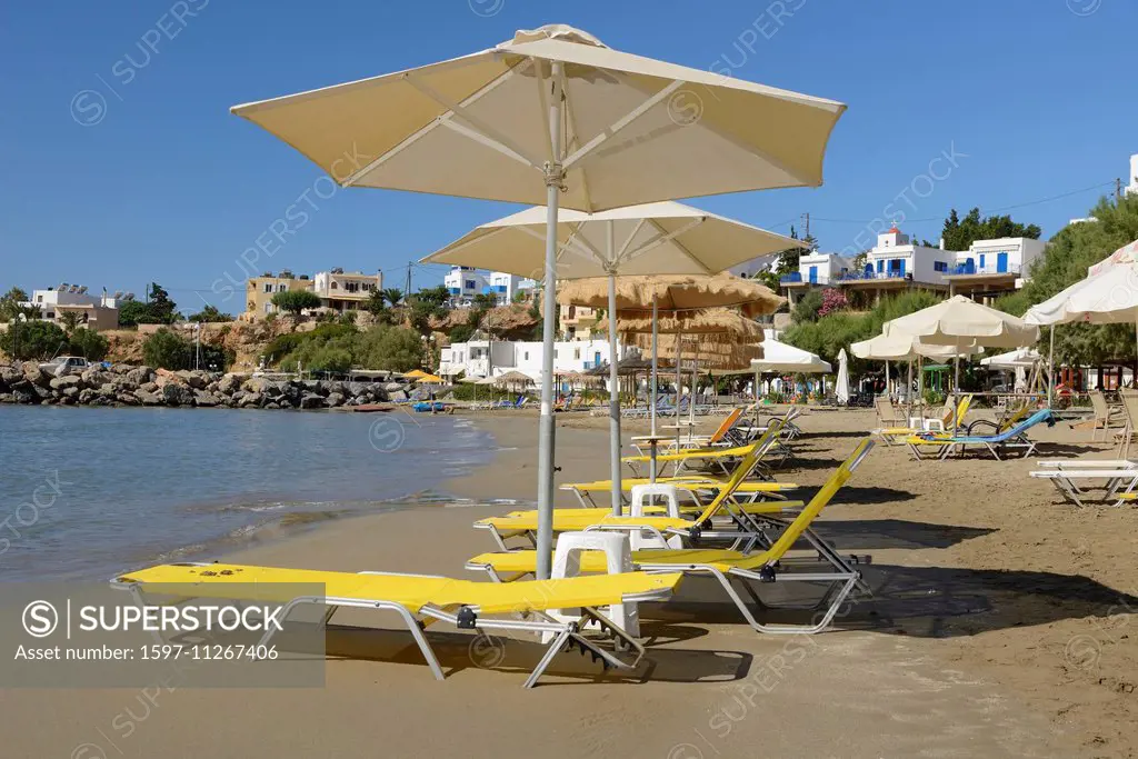 Europe, Greece, Greek, Crete, Mediterranean, island, Makrigialos, Coast, umbrellas, deck chairs