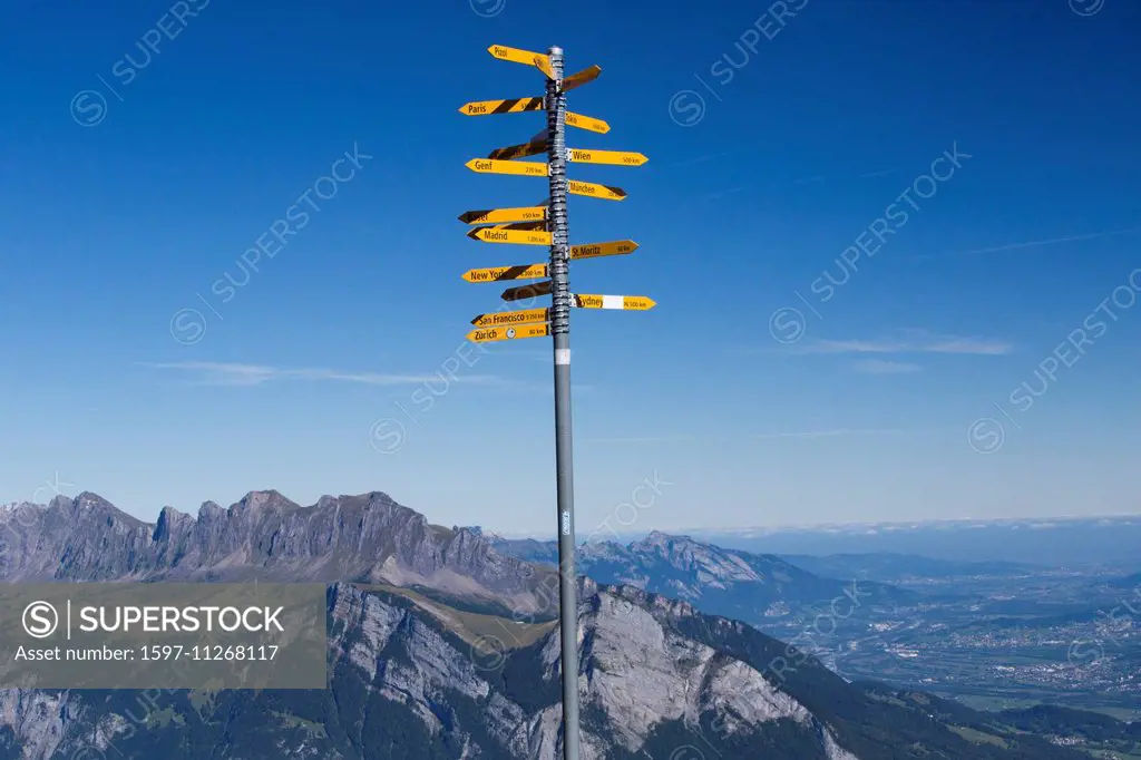 Rhine Valley, signpost, Pizol area, mountain, mountains, SG, canton St. Gallen, footpath, signpost, Switzerland, Europe,