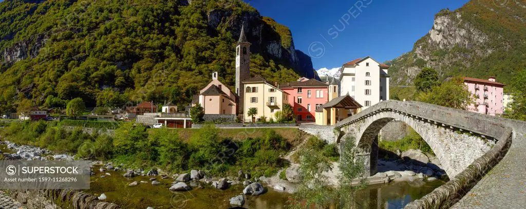 Maggia, Bignasco, Maggia valley, Maggia, building, construction, autumn, canton, Ticino, Southern Switzerland, bridge, river, flow, body of water, wat...