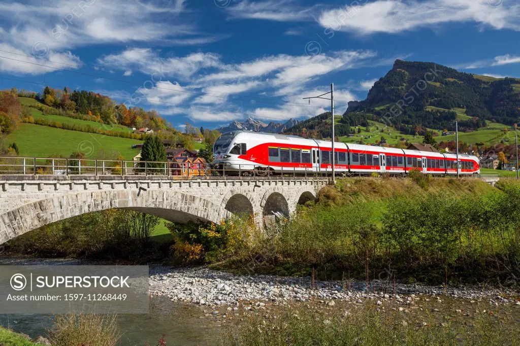 Toggenburg, SOB, Neu St. Johann, Thur, Alpstein, Säntis, mountain, mountains, autumn, SG, canton St. Gallen, Alpstein, Säntis, railway, train, railroa...