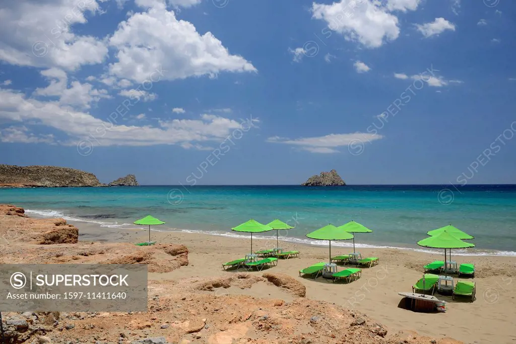 Europe, Greece, Greek, Crete, Mediterranean, island, Xerokambos, umbrellas, deck chairs, Coast