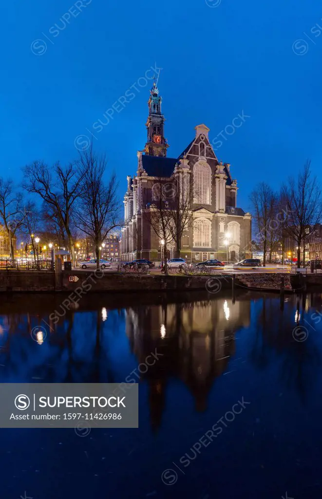 Netherlands, Holland, Europe, Amsterdam, West church, Keizers-canal, canal, church, monastery, water, winter, night, evening, illumination,