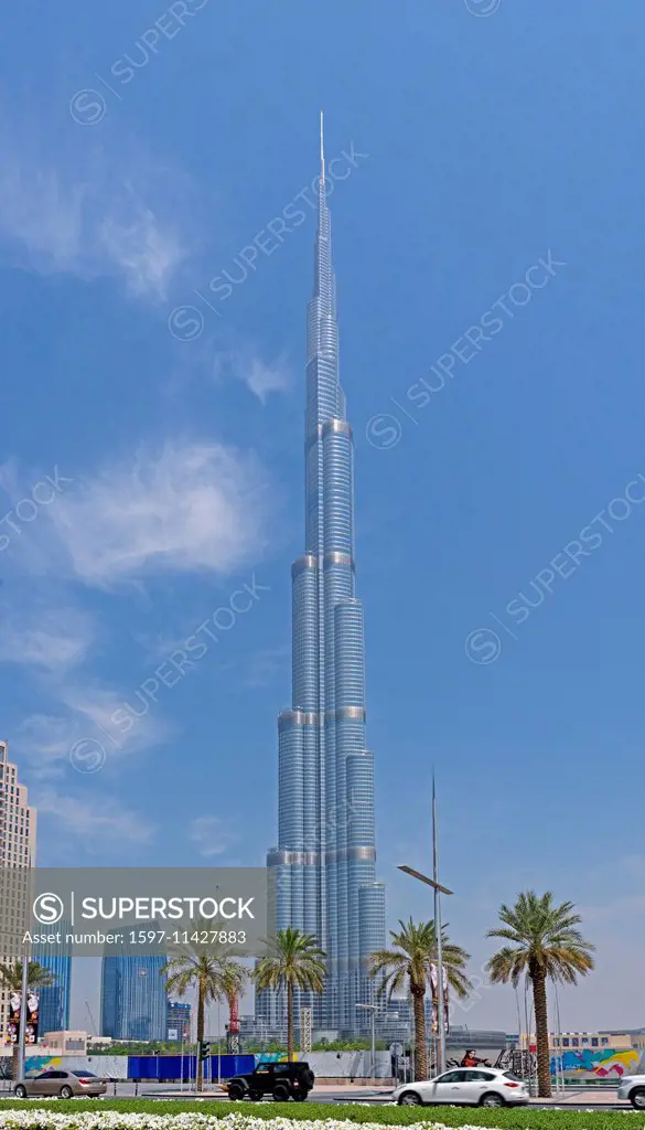 Asia, United Arab Emirates, UAE, Dubai, Sheikh Mohammed Bin Rashid boulevard, Burj Khalifa, height, 828 meters, street scene, palms, architecture, tre...