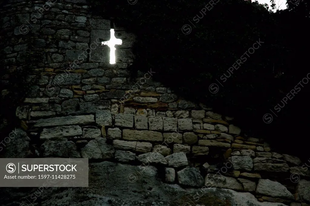 France, Europe, Provence, cloister ruins, wall, stones, cross, dark, concepts,