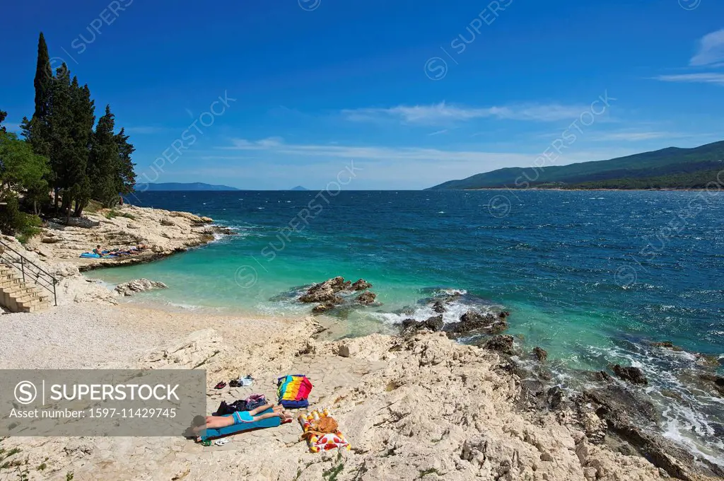 Istria, Europe, Croatia, outside, day, Rabac, Adriatic, Mediterranean Sea, sea, coast, sand beach, beach, seashore, person, people,
