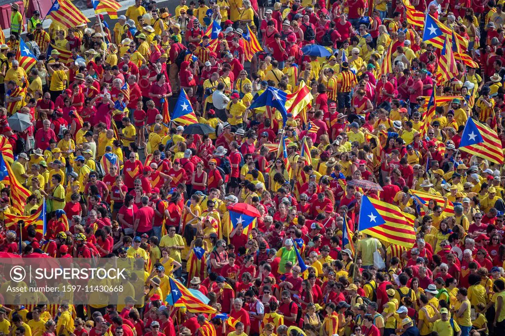 Diada, Barcelona, City, Catalonia, celebration, colourful, crowd, Demonstration, no model-release, flags, history, independence, people, politics, red...
