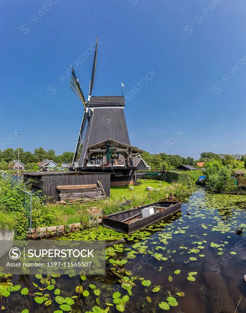 Haarlem, Netherlands, Holland, Europe, windmill, water, summer, Post-mill, sawmill, The Unicorn