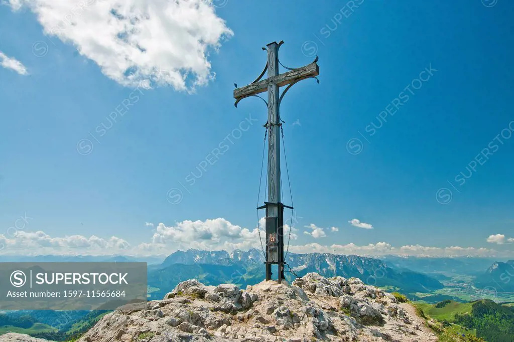 Bavaria, Europe, Germany, Upper Bavaria, Chiemgau, Aschau, Geigelstein, cross, summit cross, Wilder Kaiser, Zahmer Kaiser