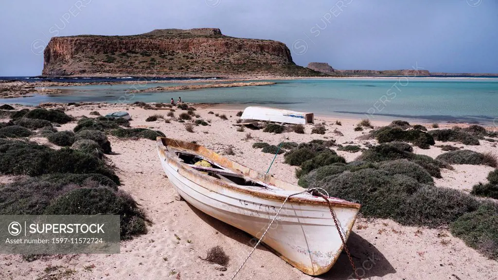 Akrotiri Tigani, Balos, blue, boat, bay, Gramvousa, Greece, Europe, peninsula, island, isle, Crete, Mediterranean, sea, pirate bay, province Chania, r...