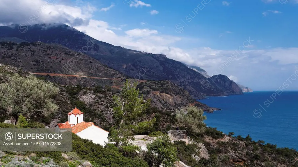 Agia Irini, church, Greece, Europe, chapel, church, Crete, coast, coastal scenery, scenery, landscape, Libyan sea, sea, Mediterranean Sea, Sougia, Byz...