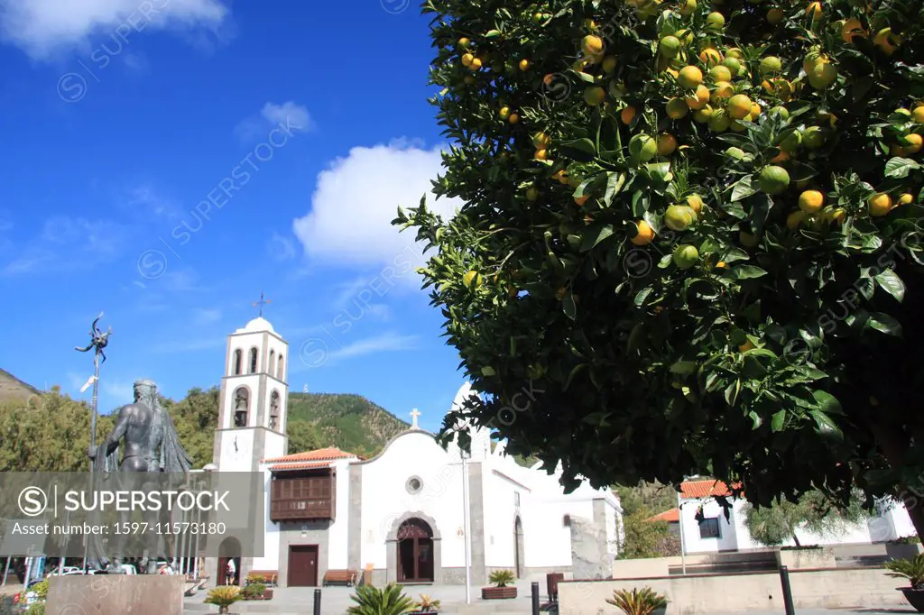Spain, Europe, Tenerife, Canary islands, Santiago del Teide, village, church, statue, Guanche, native, orange tree, oranges,