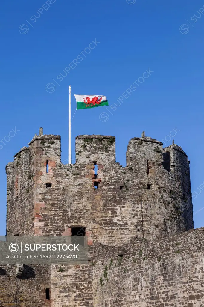 Wales, Conwy, Conwy Castle, Castle Turret and Welsh Flag