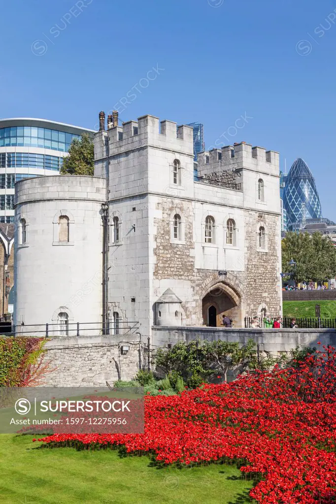 England, London, Tower of London, The Middle Tower Entrance and Poppies