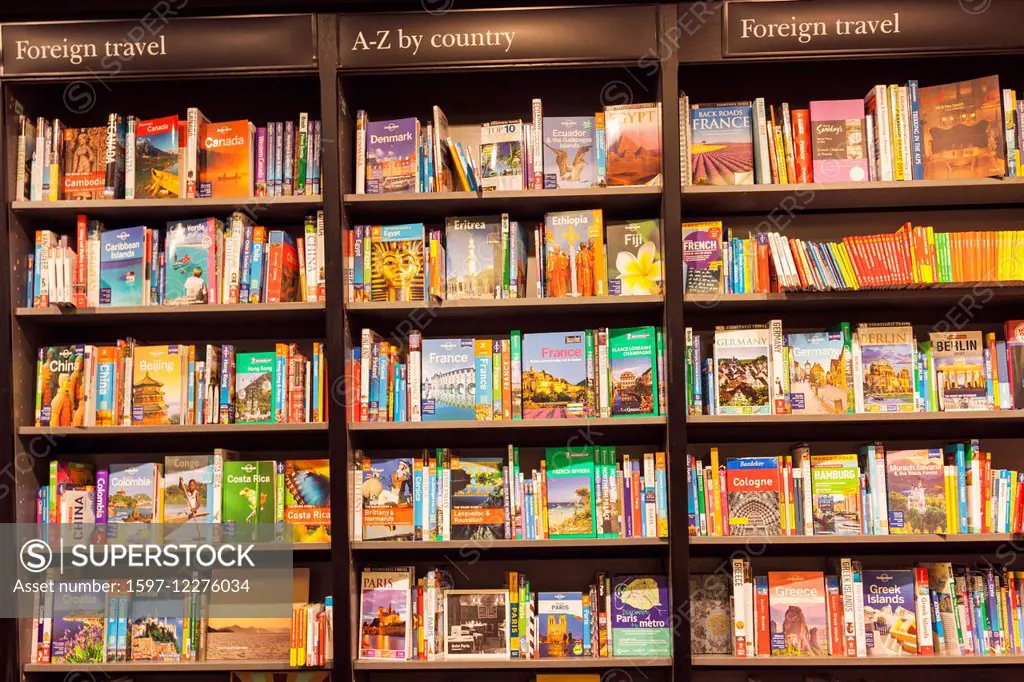 England, Bookshop display of Travel Guide Books