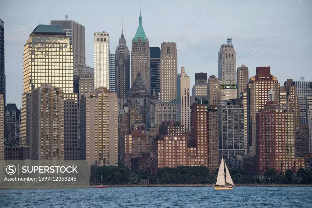 New York, USA, United States, America, Manhattan, Hudson, river, skyline, city, sail boat