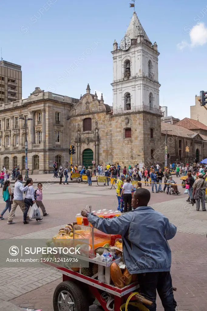 South America, Latin America, Colombia, town, city, towns, cities, town view, Bogota, capital, church, people, street vendors,