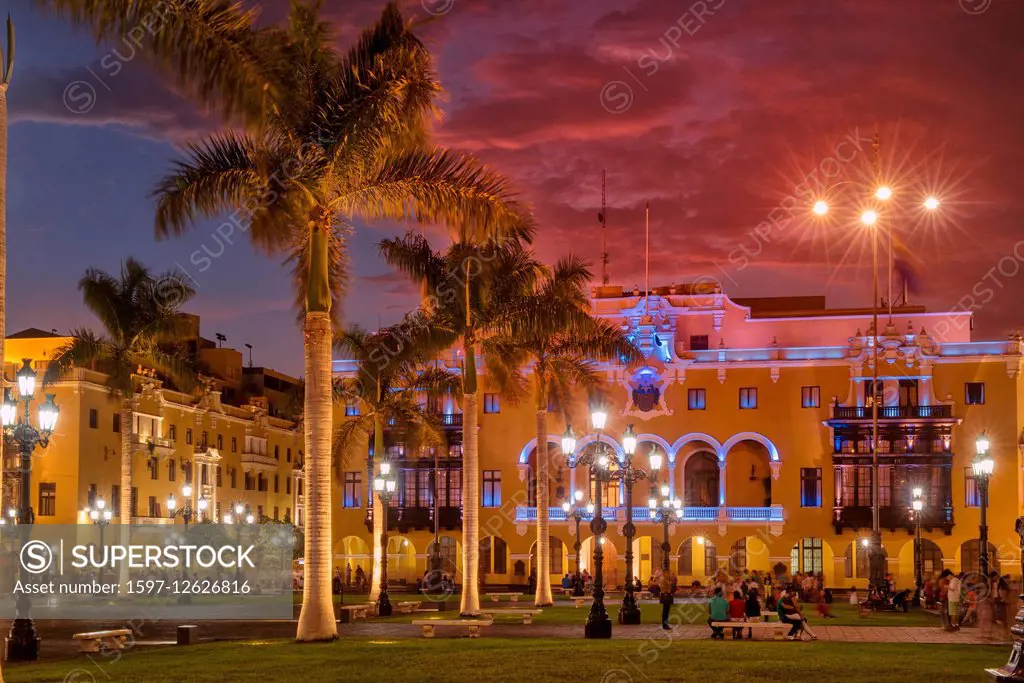 Plaza Mayor by night in Lima, Peru