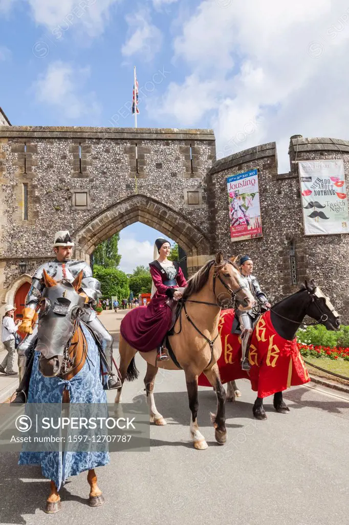 England, West Sussex, Arundel, Arundel Castle, Knights on Horseback in Front of Castle Entrance