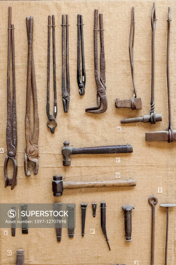 England, West Sussex, Singleton, Weald and Downland Open Air Museum, Display of Historical Metalworkers Tools