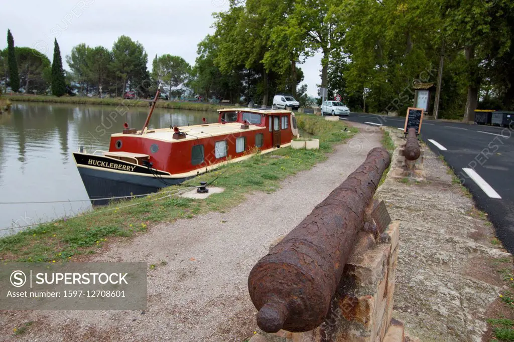 canal with ship in Poilhes, Languedoc-Roussillon