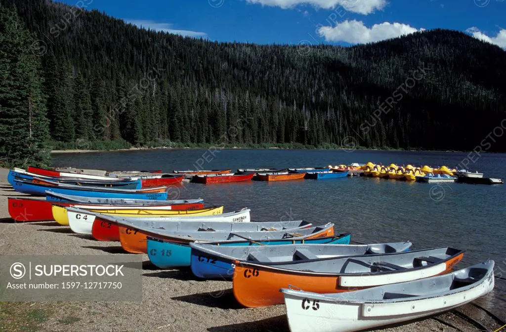 Canoes at Cameron Lake in Waterton Lakes National Park, Alberta, Canada