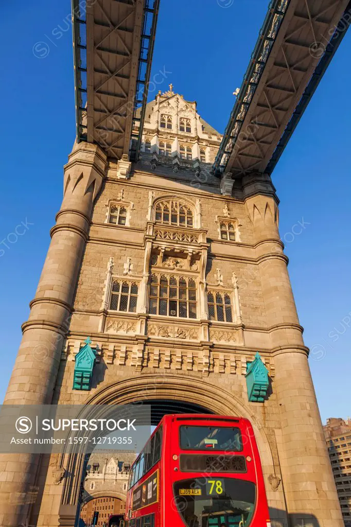 England, London, Tower Bridge and Double Decker Bus