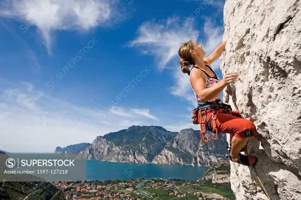 Climbing, Arco, Lake Garda, Italy, Europe, September 2006, free climbing, sports, rock face, cliff, cliffs, mountains,