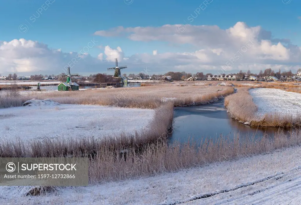 windmill in Westzaan in winter, Holland