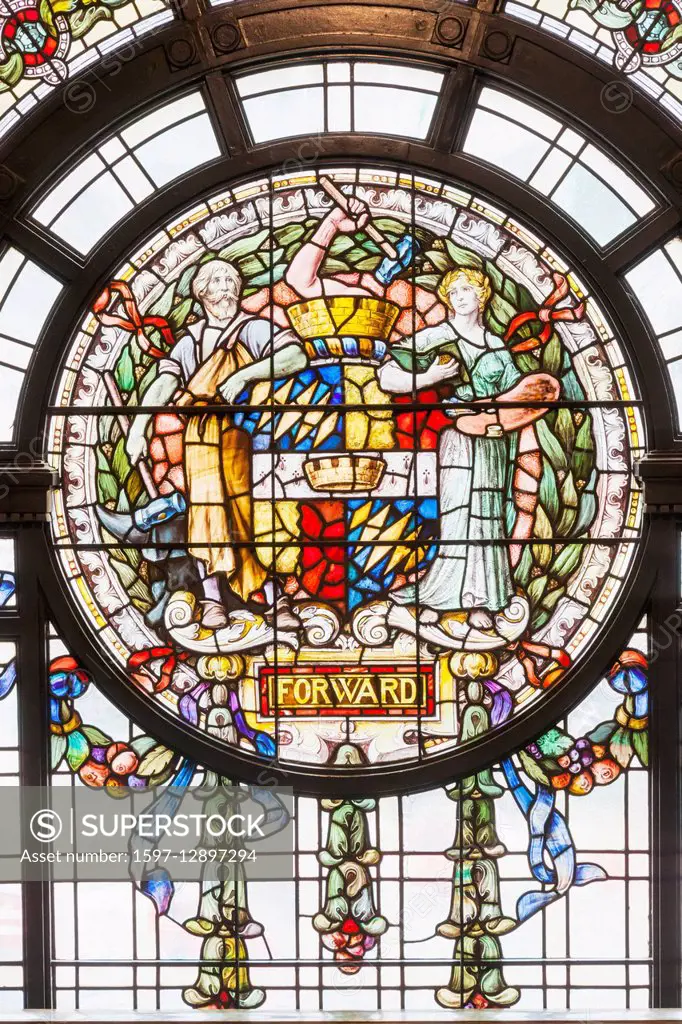 England, West Midlands, Birmingham, Birmingham Museum and Art Gallery, Stained Glass Window depicting Victorian Era Industries