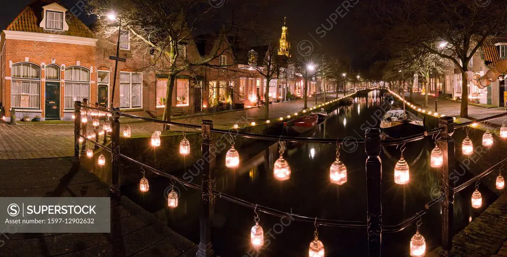 Holland, Europe, Enkhuizen, Noord-Holland, Netherlands, city, village, winter, night, evening, floodlight, candle, Historic centre, illuminated, candl...