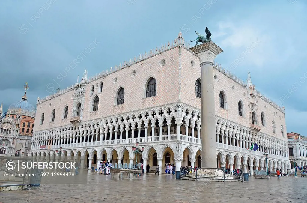 the Doge's Palace at St Mark's Square, Venice, Italy. With St Mark's Basilica on the left