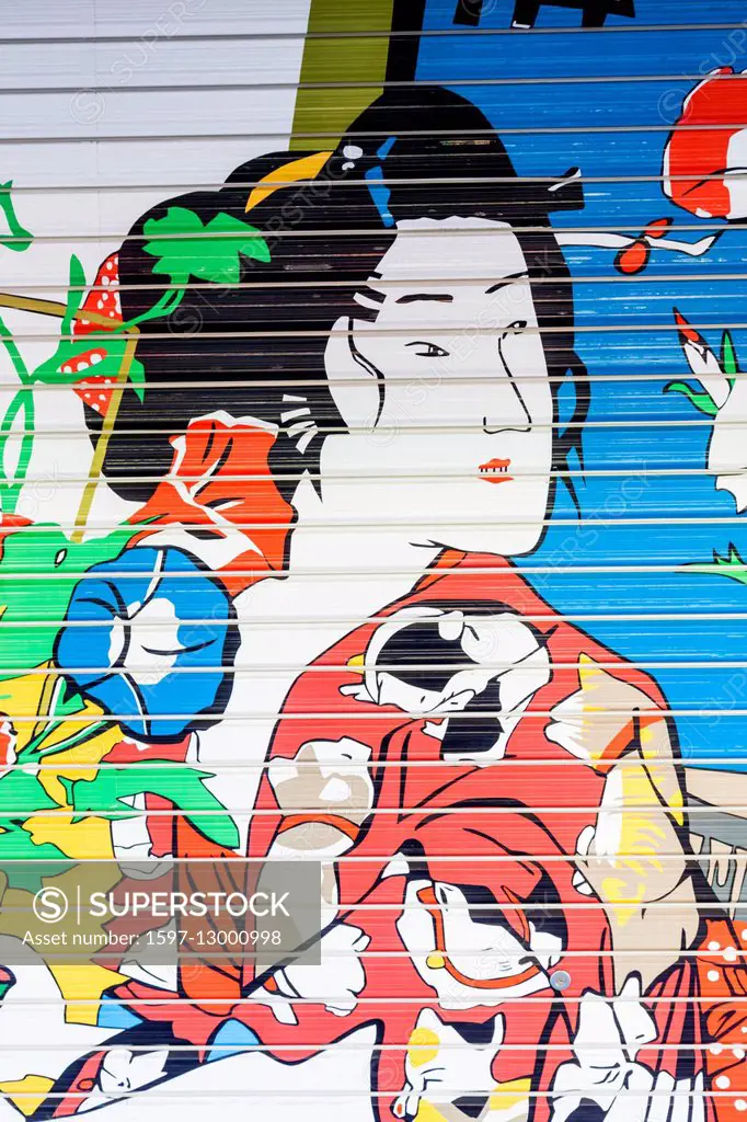 Japan, Honshu, Tokyo, Asakusa, Sensoji Temple aka Asakusa Kannon Temple, Nakamise Shopping Street, Shop Shutter Artwork