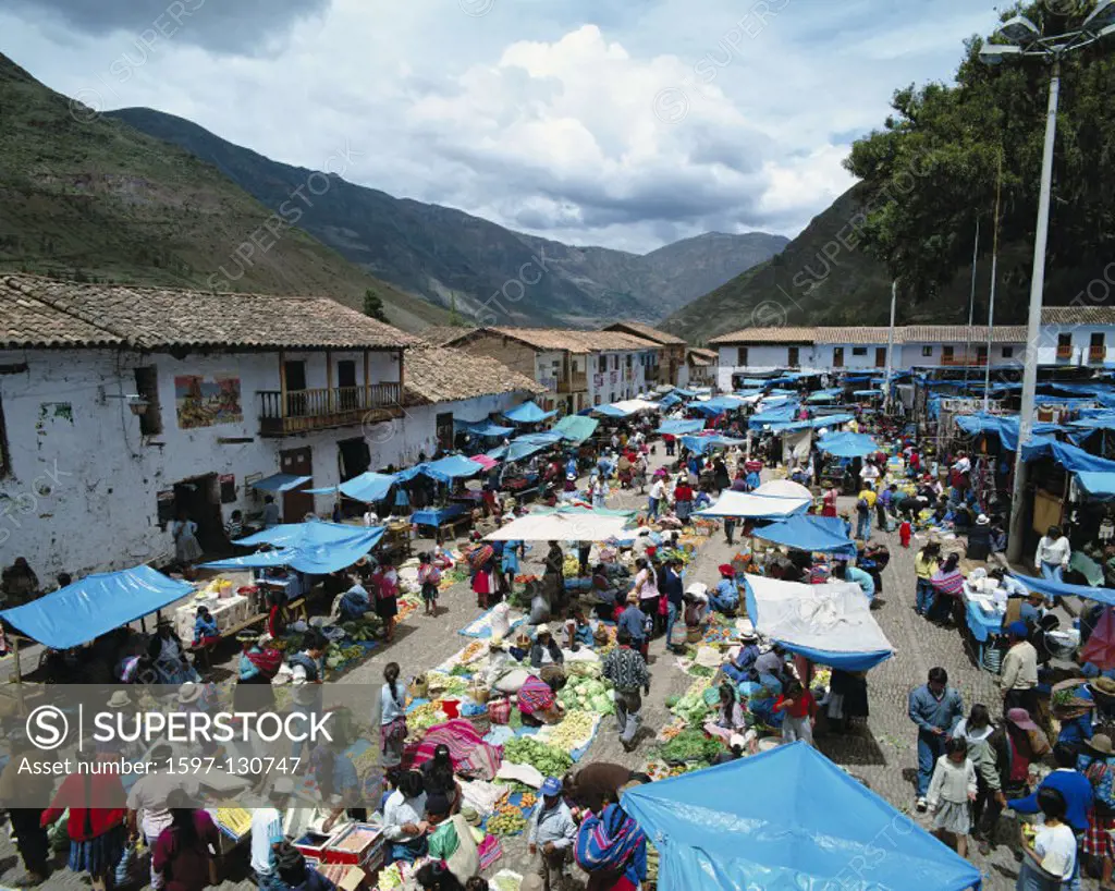 10290062, displays, bright, colours, trader, market, Peru, South America, Pisac, overview, Urubamba valley, goods, wares,