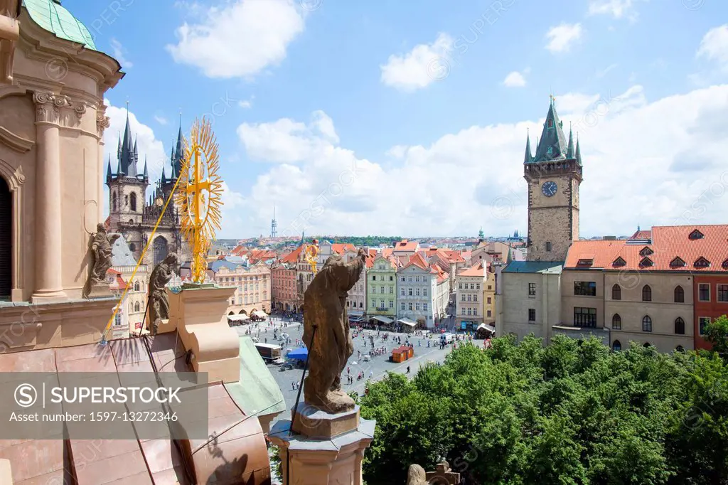 Czech Republic, Prague - Town Hall and Tyn Church at The Old Town Square